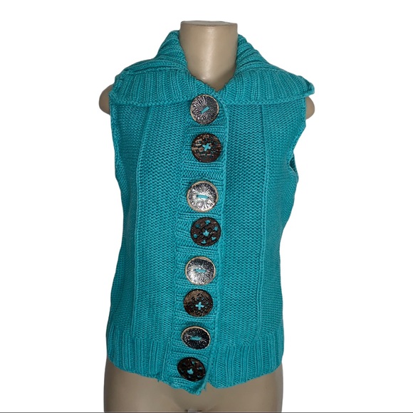 Pure HandKnit Chunky Sweater Vest Hand Crafted Wood Buttons Collar Neck - Picture 6 of 6